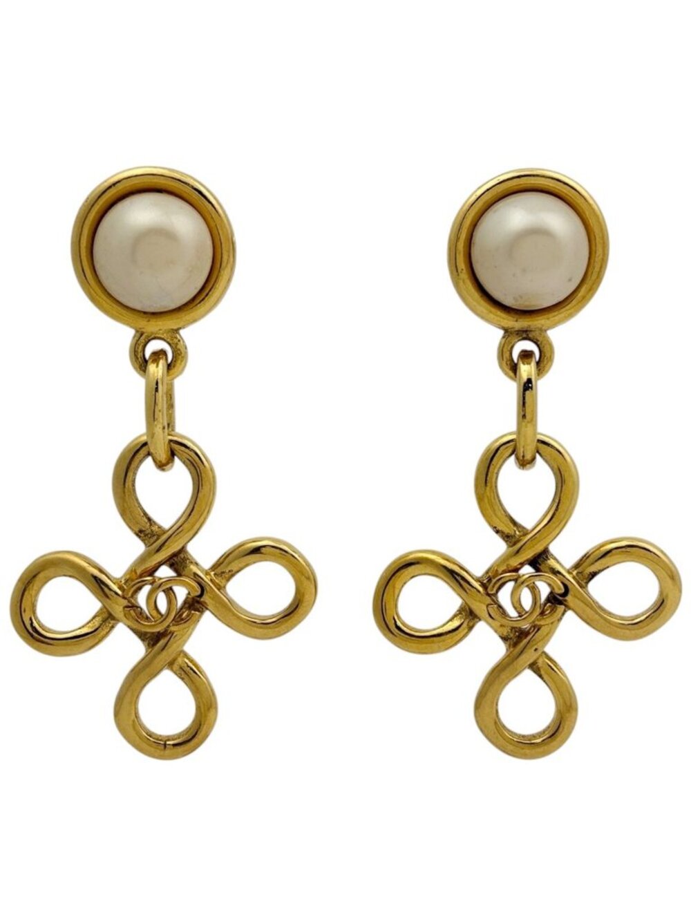 Chanel Earrings CC Logo Swing Faux Pearl Gold